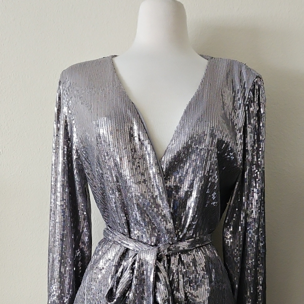 Leyden Silver Sequin Wrap Dress with Bishop Sleeves
